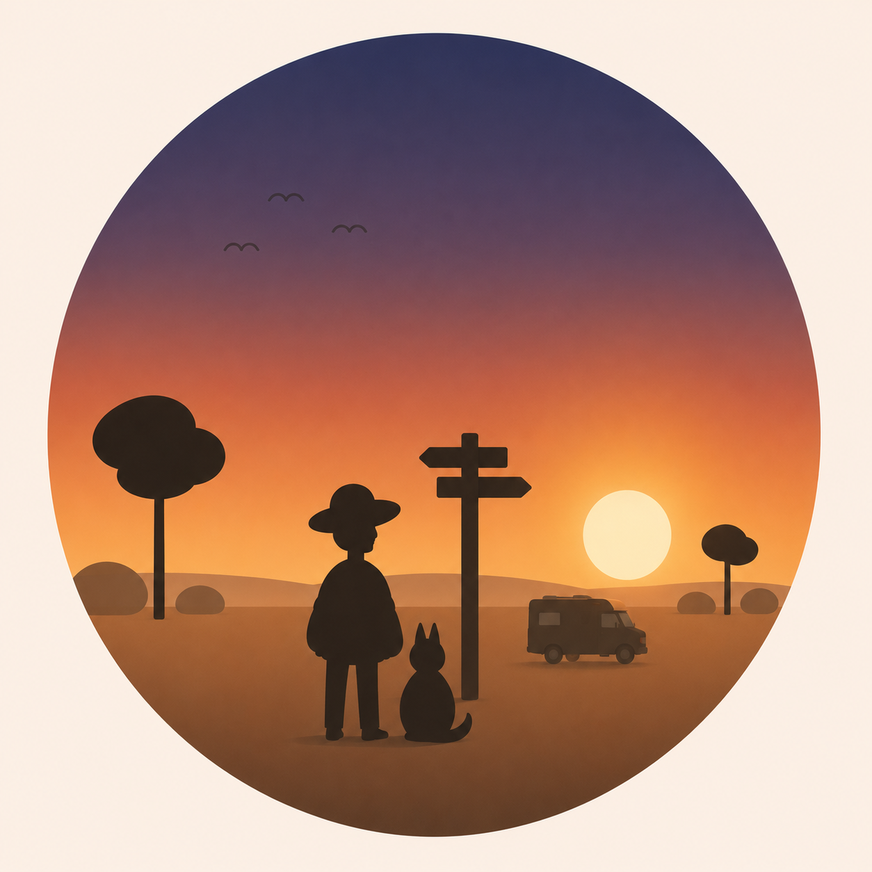 Illustration of a woman and her dog beside a signpost at sunset, with a motorhome parked nearby — Maureen Hanrahan's author avatar